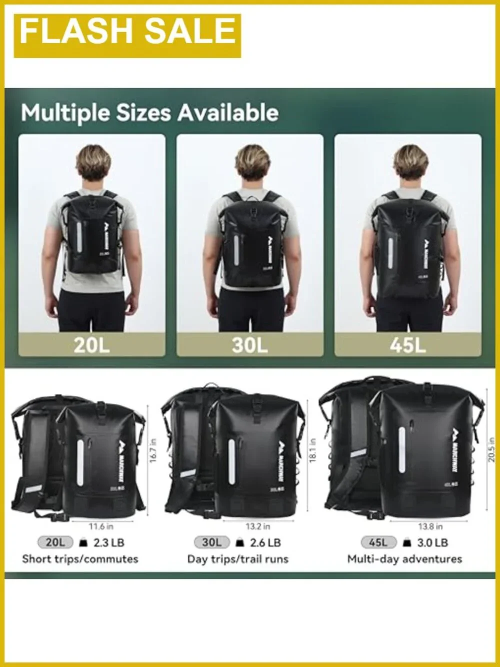 MARCHWAY Roll Top Waterproof Backpack 20L Rugged Hiking Dry Bag